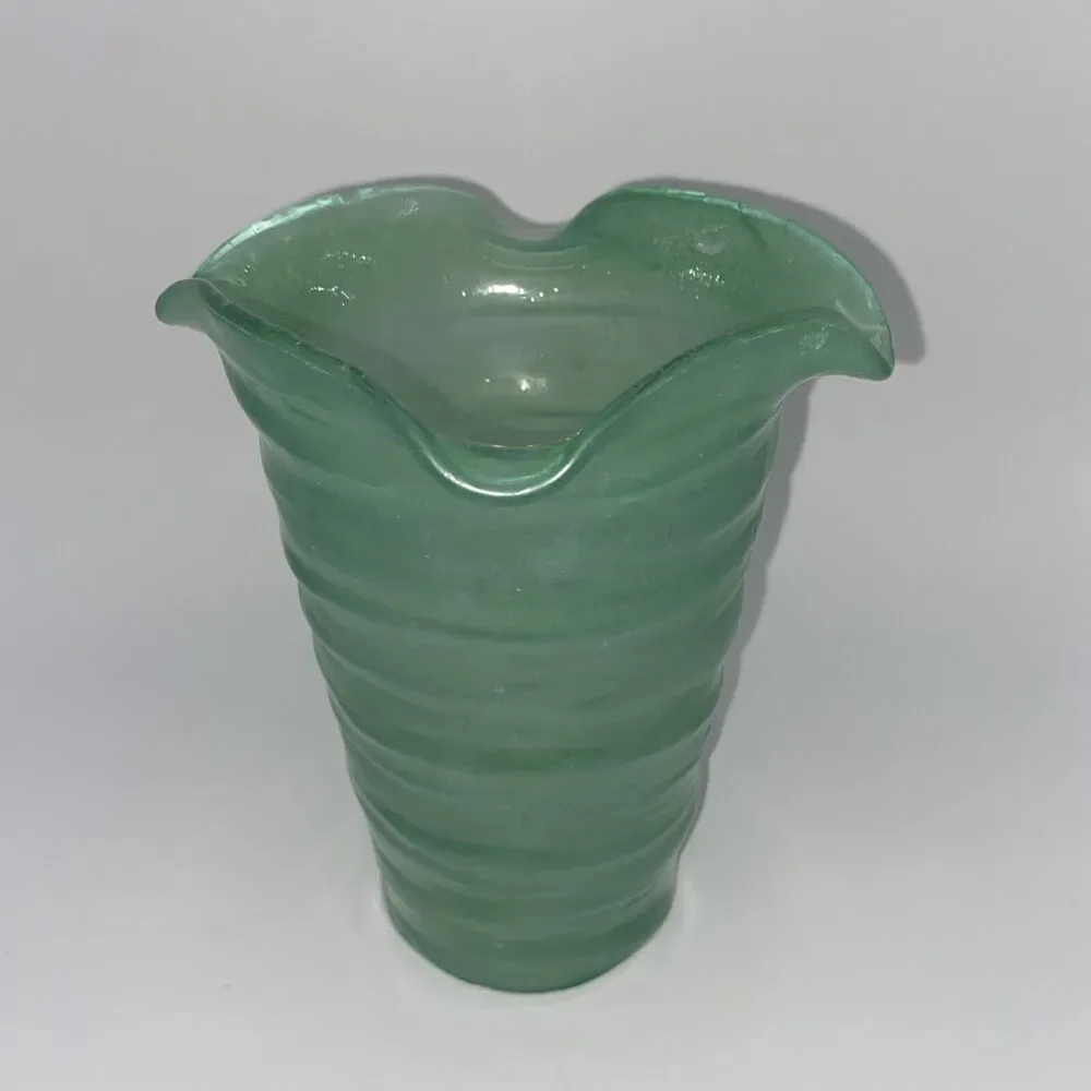 Glass Vase Handblown Transparent Sea Green Fluted  For Flowers/Decor Use